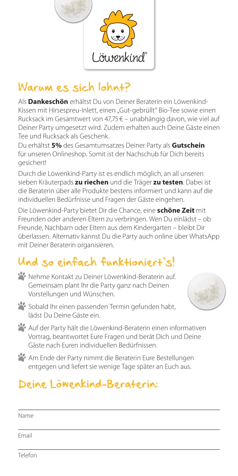 Flyer "Werde jetzt Gastgeber einer Löwenkind-Party!"