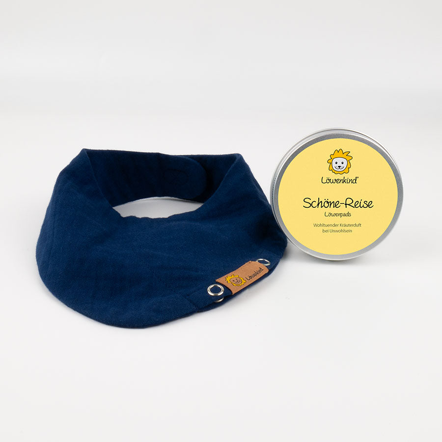 Halstuch dunkelblau "Mini" mit Kräuterpad-Dose "Schöne-Reise"