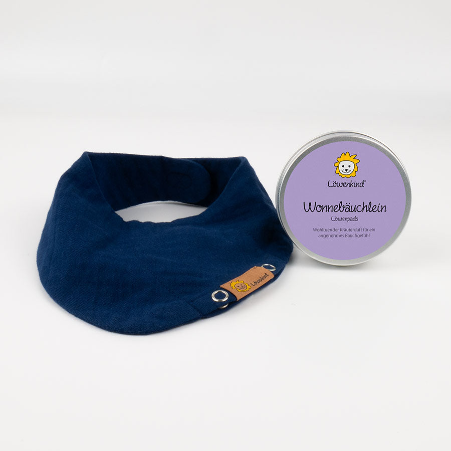Halstuch dunkelblau "Mini" mit Kräuterpad-Dose "Wonnebäuchlein"