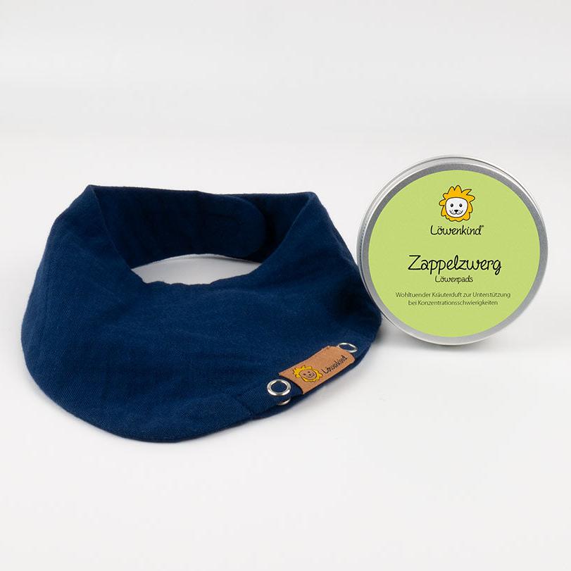 Halstuch dunkelblau "Mini" mit Kräuterpad-Dose "Zappelzwerg"