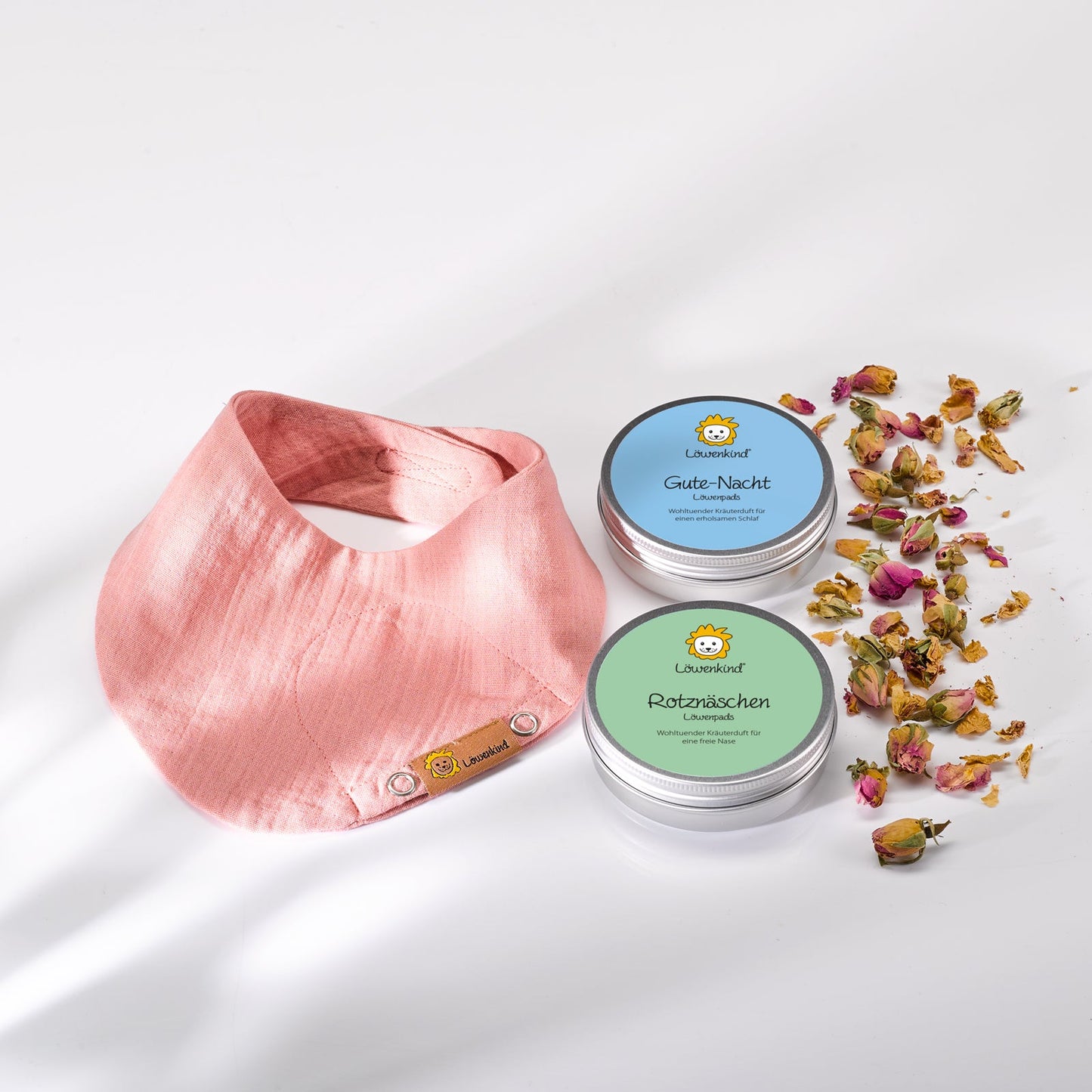 Einsteigerset mit rosa Halstuch Größe "Mini" und zwei Kräuterpad-Dosen