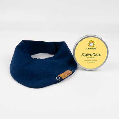 Halstuch dunkelblau "Mini" mit Kräuterpad-Dose "Schöne-Reise"
