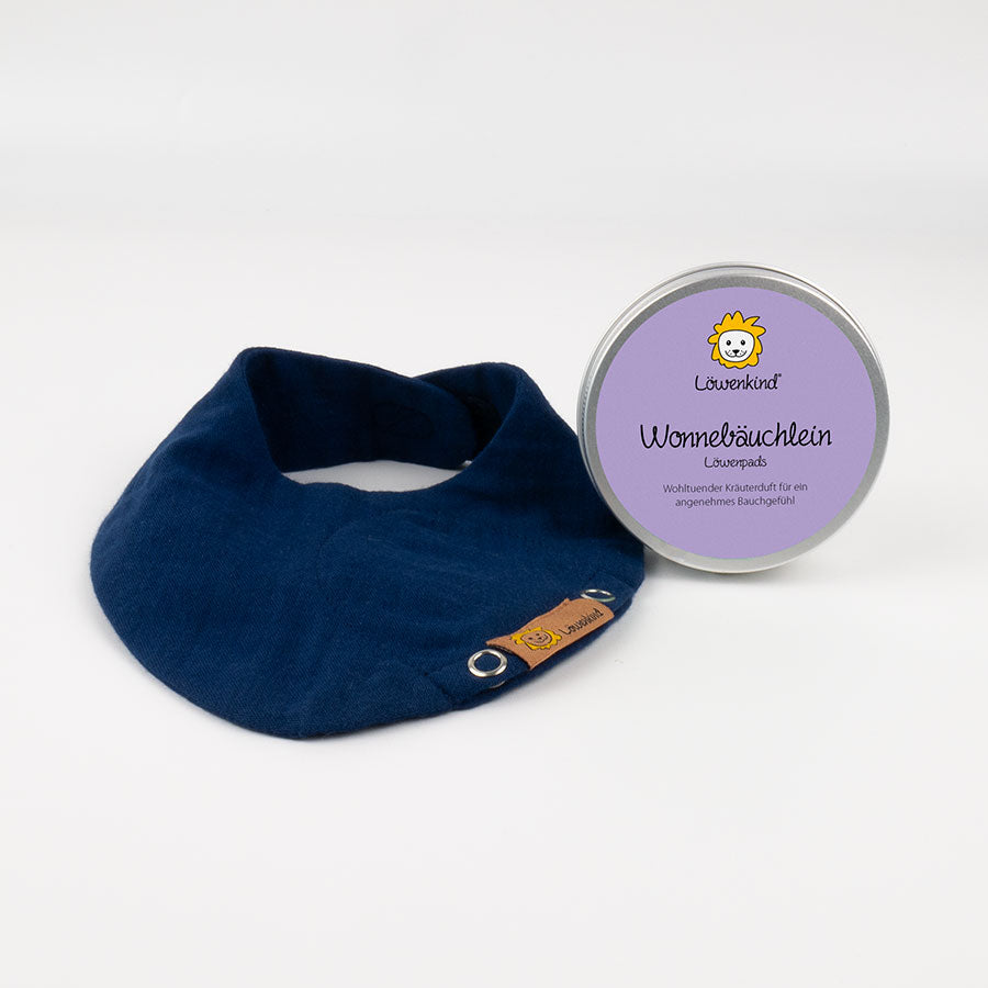 Halstuch dunkelblau "Newborn" mit Kräuterpad-Dose "Wonnebäuchlein"