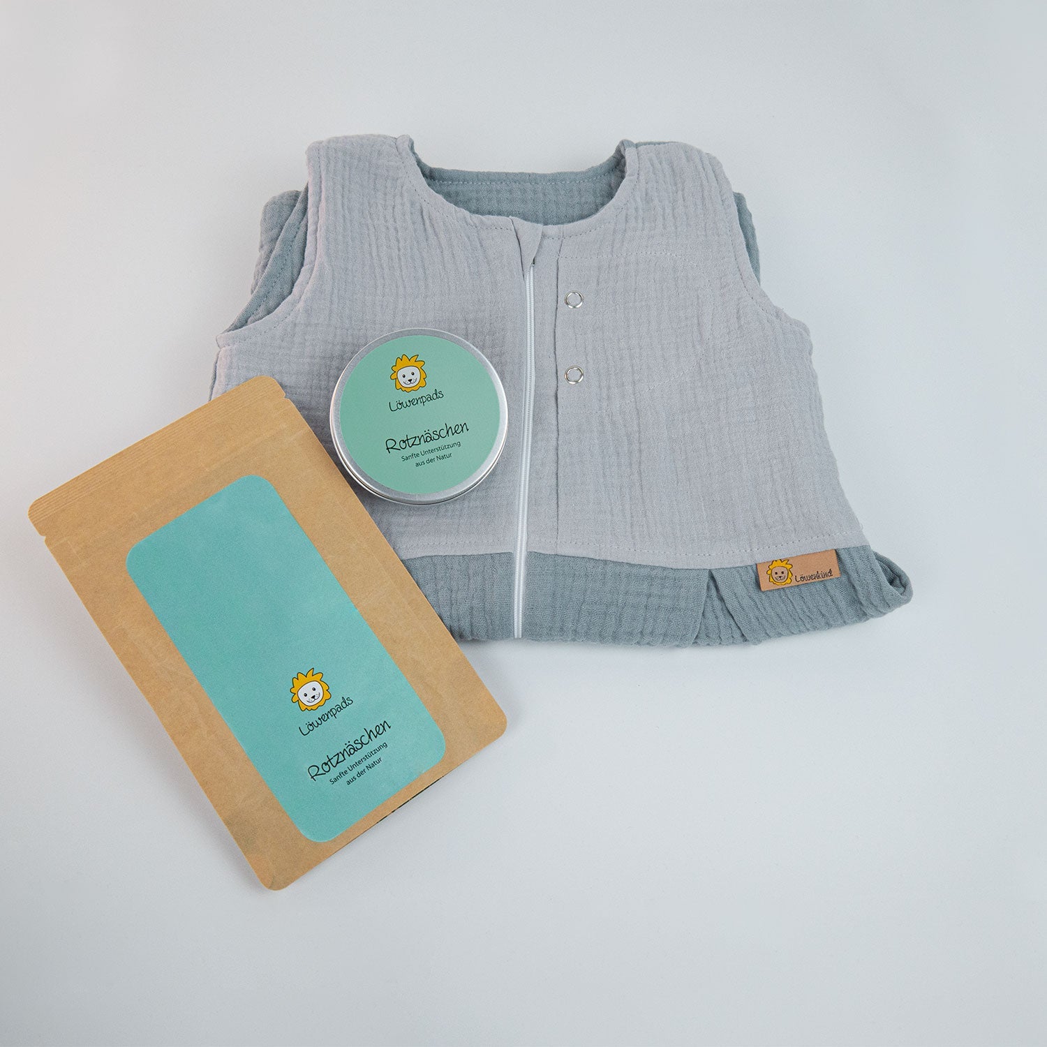 Schlafsack-Set mit Rotznäschen-Dose und 10er Rotznäschen-Nachfüllpackung.