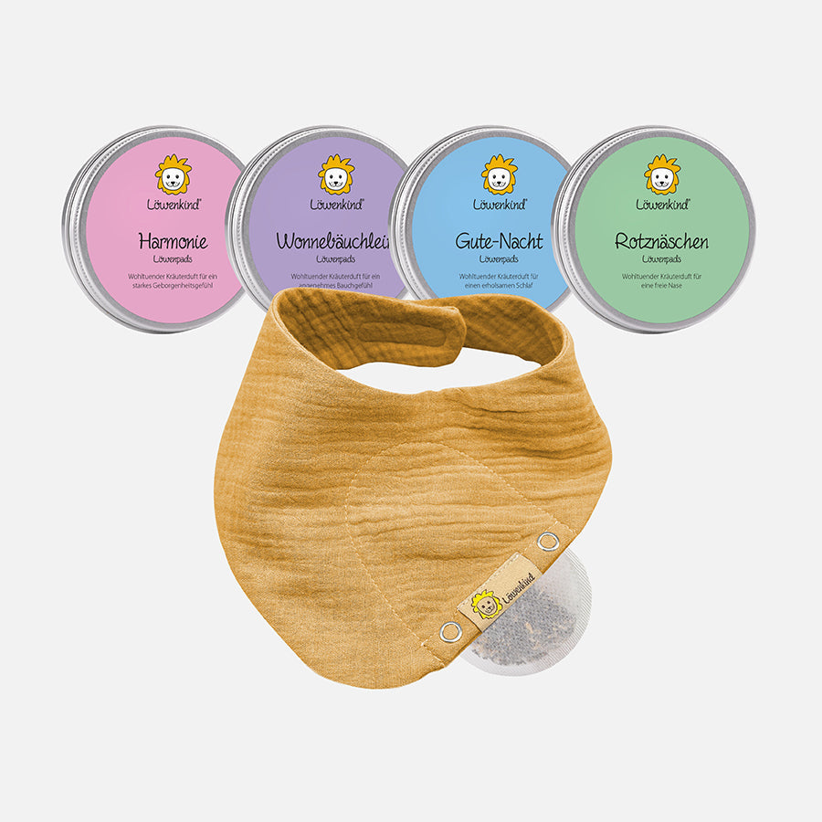 Startklar-Special (Musselin-Halstuch "Mini" senfgelb mit 4 Kräuterpad-Dosen: Rotznäschen, Harmonie, Gute-Nacht & Wonnebäuchlein)