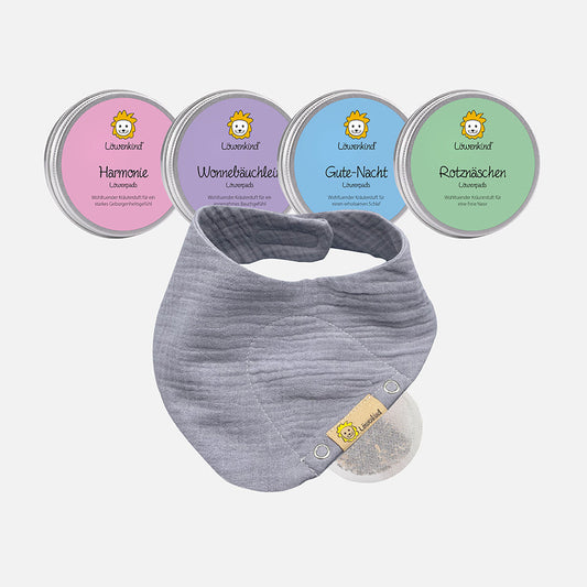 Startklar-Special (Musselin-Halstuch "Mini" grau mit 4 Kräuterpad-Dosen: Rotznäschen, Harmonie, Gute-Nacht & Wonnebäuchlein)