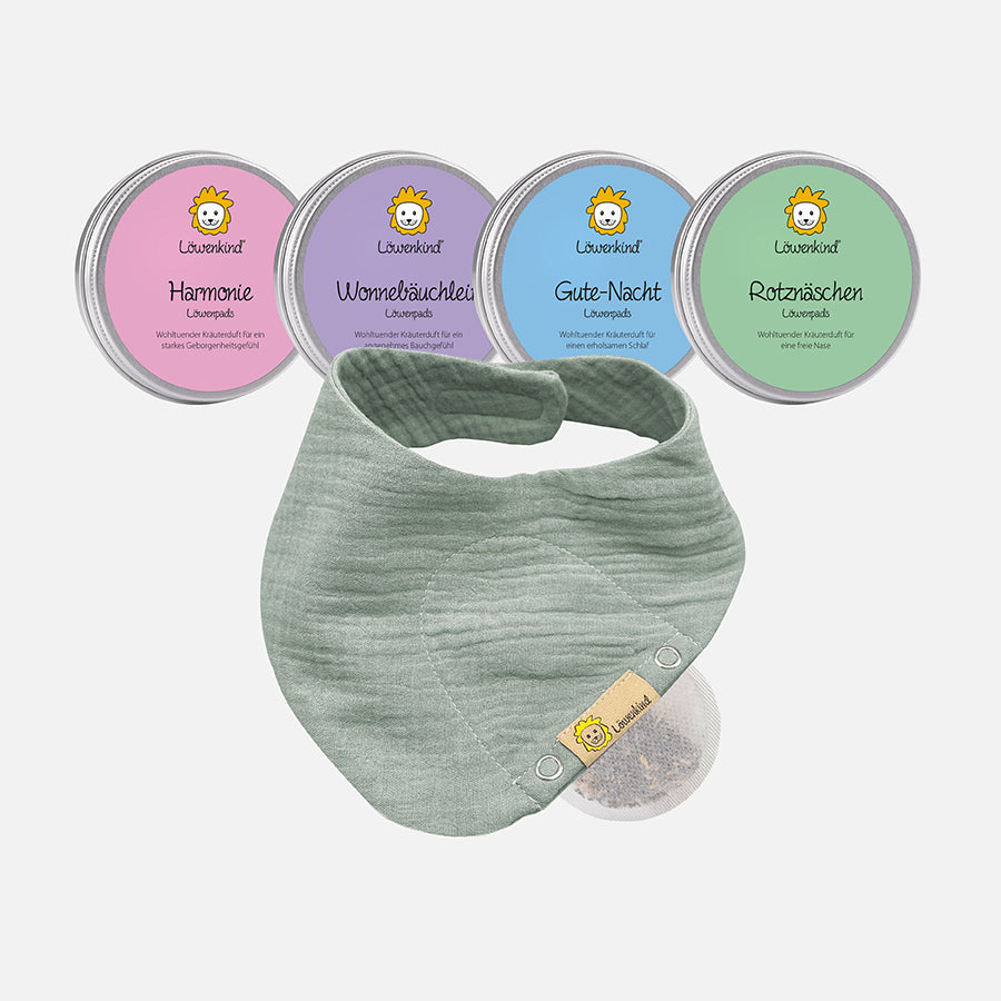 Startklar-Special (Musselin-Halstuch "Mini" pistazie mit 4 Kräuterpad-Dosen: Rotznäschen, Harmonie, Gute-Nacht & Wonnebäuchlein)