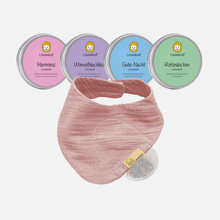 Startklar-Special (Musselin-Halstuch "Mini" altrosa mit 4 Kräuterpad-Dosen: Rotznäschen, Harmonie, Gute-Nacht & Wonnebäuchlein)
