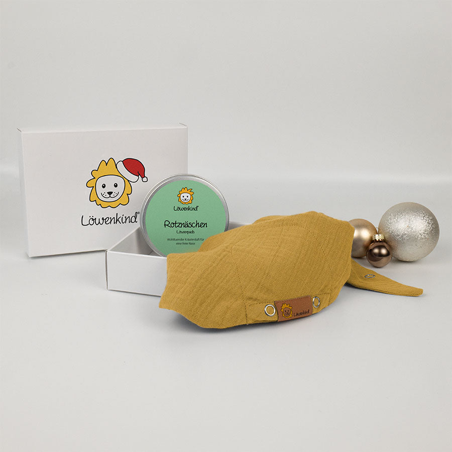 Weihnachts-Geschenkbox mit gelbem Halstuch und Kräuterpad-Dose Sorte "Rotznäschen"