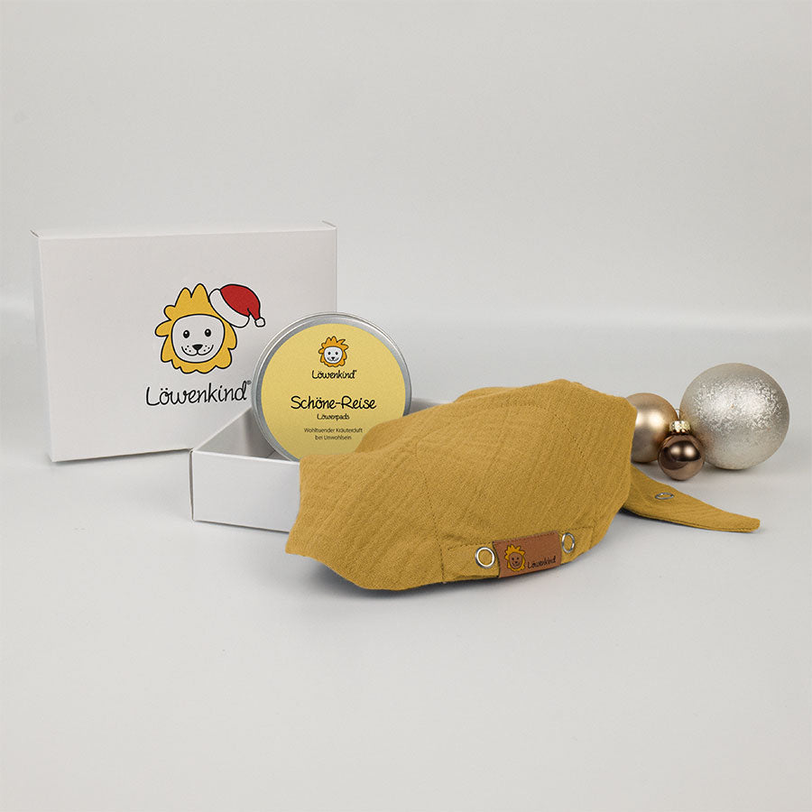Weihnachts-Geschenkbox mit gelbem Halstuch und Kräuterpad-Dose Sorte "Schöne-Reise"