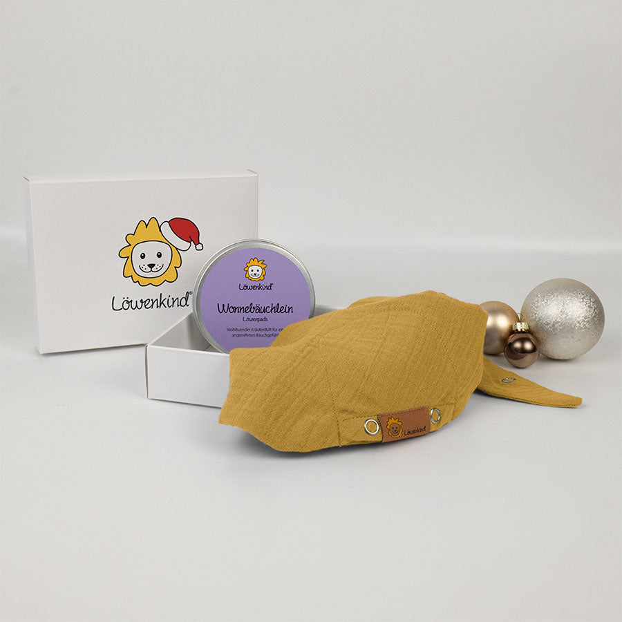 Weihnachts-Geschenkbox mit gelbem Halstuch und Kräuterpad-Dose Sorte "Wonnebäuchlein"