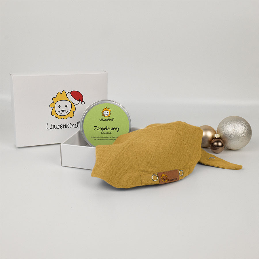 Weihnachts-Geschenkbox mit gelbem Halstuch und Kräuterpad-Dose Sorte "Zappelzwerg"