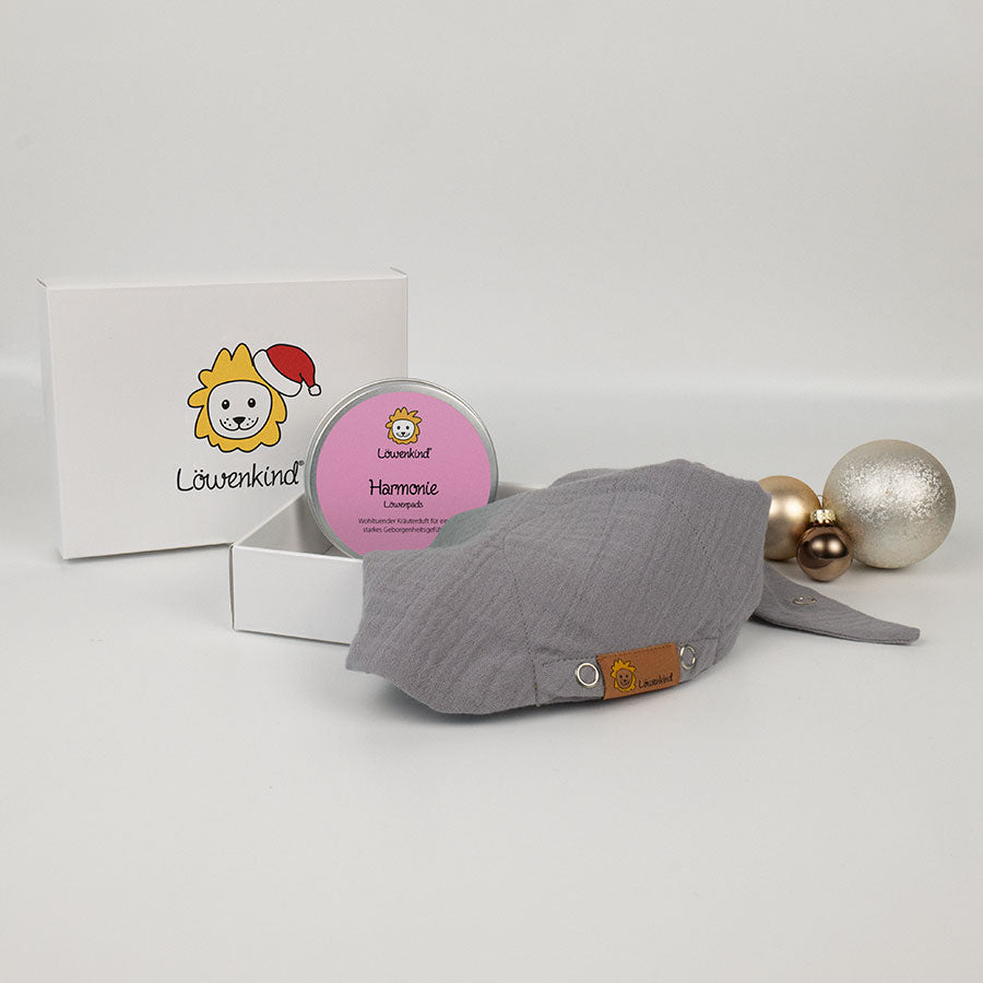 Weihnachts-Geschenkbox mit grauem Halstuch und Kräuterpad-Dose Sorte "Harmonie"