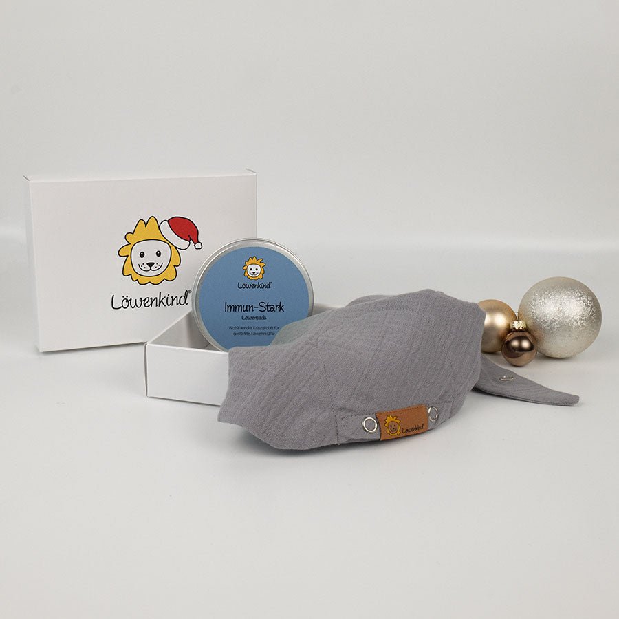 Weihnachts-Geschenkbox mit grauem Halstuch und Kräuterpad-Dose Sorte "Immun-Stark"