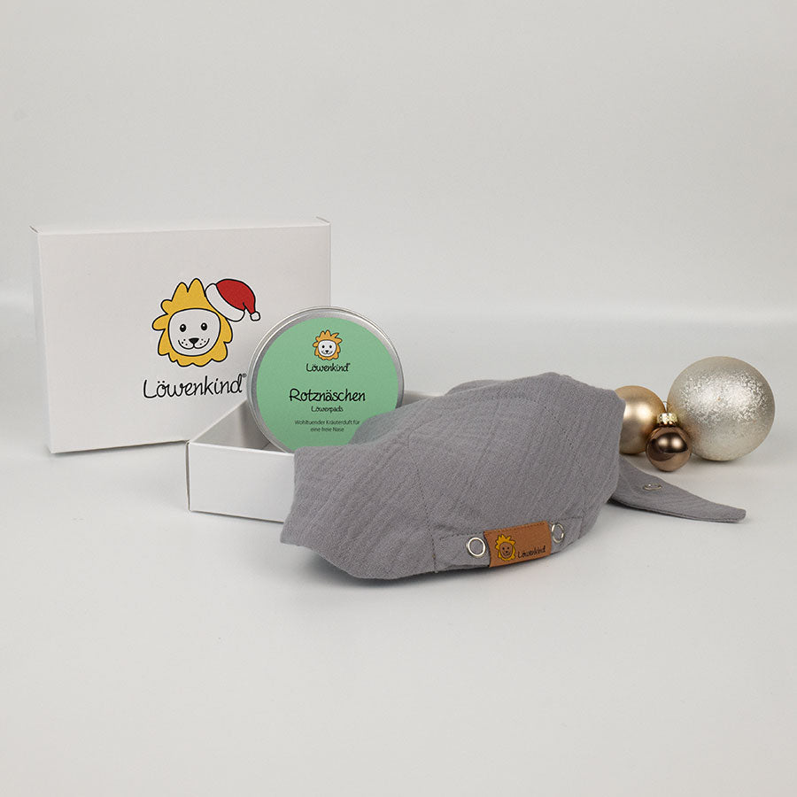 Weihnachts-Geschenkbox mit grauem Halstuch und Kräuterpad-Dose Sorte "Rotznäschen"