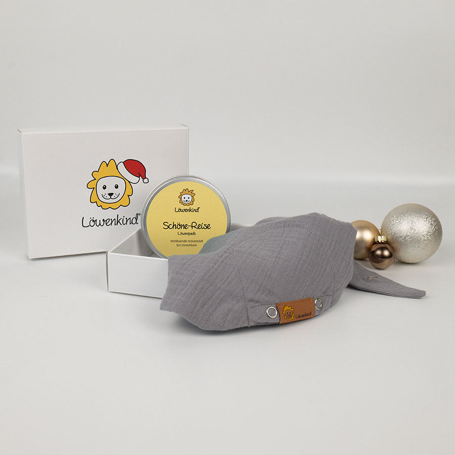 Weihnachts-Geschenkbox mit grauem Halstuch und Kräuterpad-Dose Sorte "Schöne-Reise"