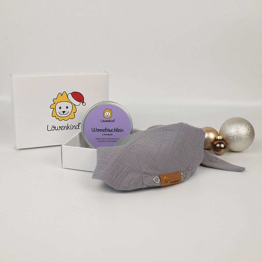 Weihnachts-Geschenkbox mit grauem Halstuch und Kräuterpad-Dose Sorte "Wonnebäuchlein"