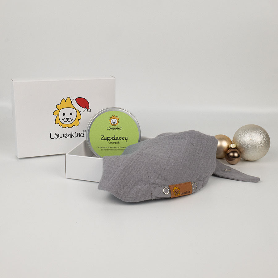Weihnachts-Geschenkbox mit grauem Halstuch und Kräuterpad-Dose Sorte "Zappelzwerg"