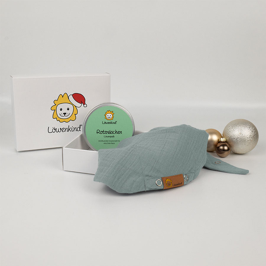 Weihnachts-Geschenkbox mit grünem Halstuch und Kräuterpad-Dose Sorte "Rotznäschen"