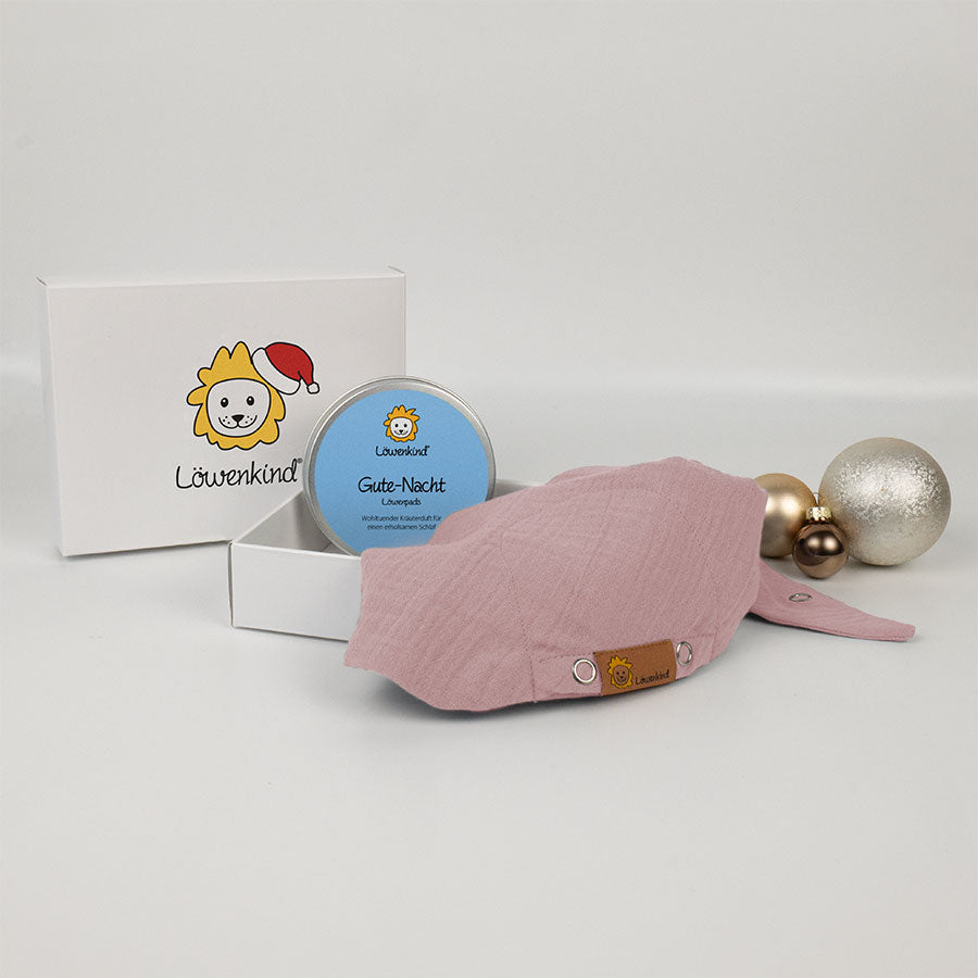 Weihnachts-Geschenkbox mit rosa Halstuch und Kräuterpad-Dose Sorte "Gute-Nacht"