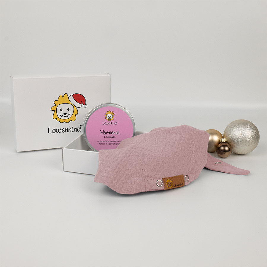 Weihnachts-Geschenkbox mit rosa Halstuch und Kräuterpad-Dose Sorte "Harmonie"
