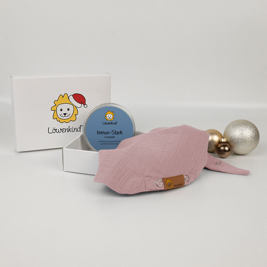 Weihnachts-Geschenkbox mit rosa Halstuch und Kräuterpad-Dose Sorte "Immun-Stark"