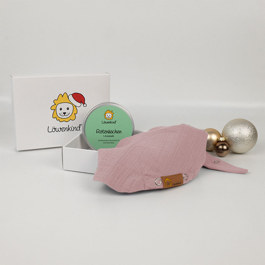 Weihnachts-Geschenkbox mit rosa Halstuch und Kräuterpad-Dose Sorte "Rotznäschen"