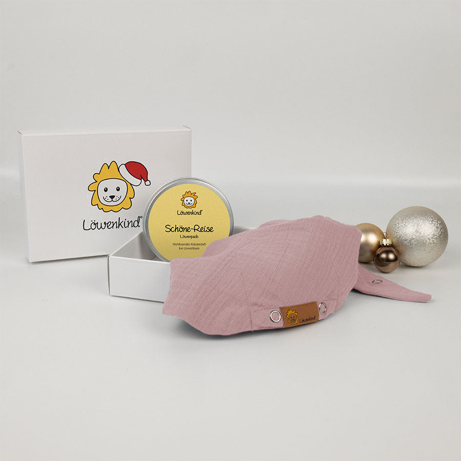 Weihnachts-Geschenkbox mit rosa Halstuch und Kräuterpad-Dose Sorte "Schöne-Reise"