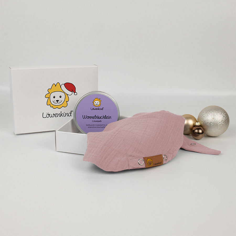 Weihnachts-Geschenkbox mit rosa Halstuch und Kräuterpad-Dose Sorte "Wonnebäuchlein"