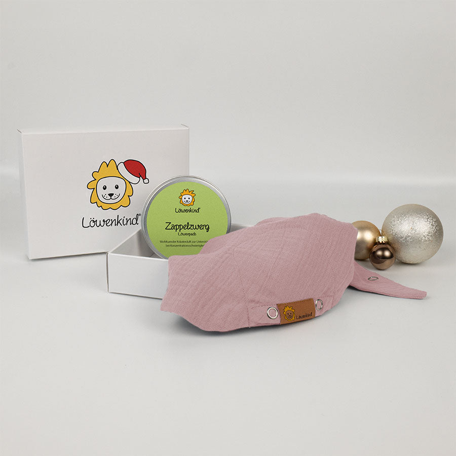 Weihnachts-Geschenkbox mit rosa Halstuch und Kräuterpad-Dose Sorte "Zappelzwerg"