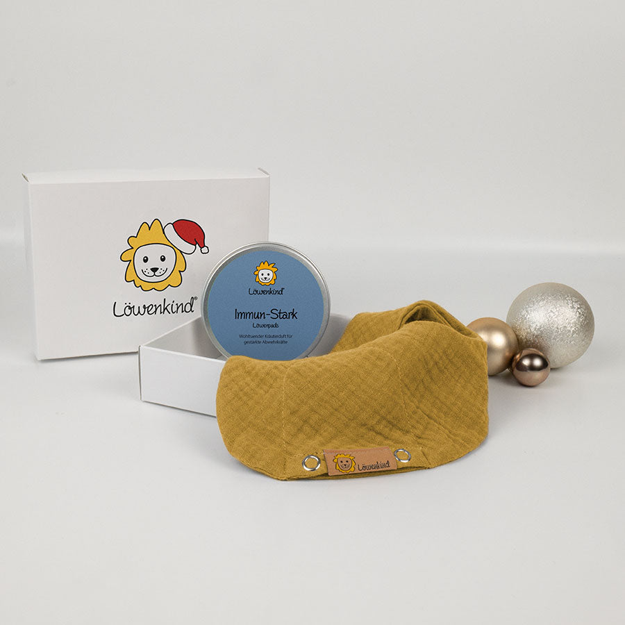 Weihnachts-Geschenkbox mit gelbem Halstuch und Kräuterpad-Dose Sorte "Immun-Stark"