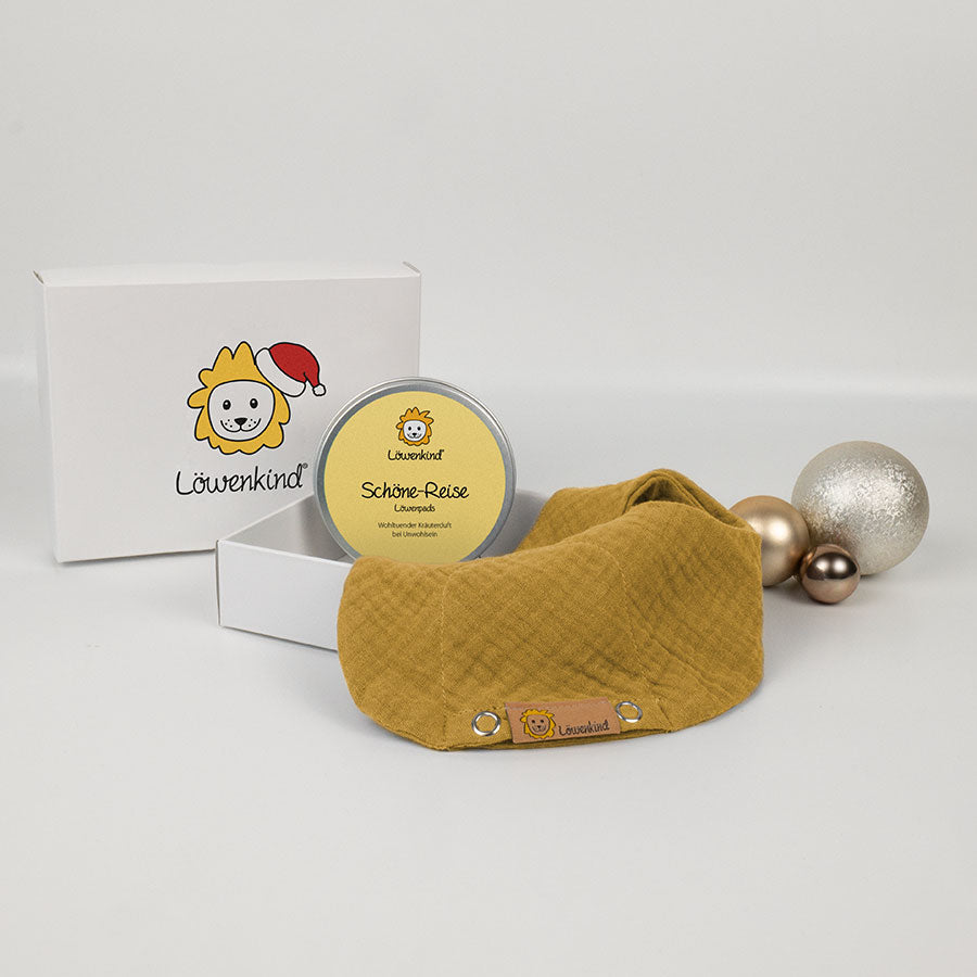 Weihnachts-Geschenkbox mit gelbem Halstuch und Kräuterpad-Dose Sorte "Schöne Reise"