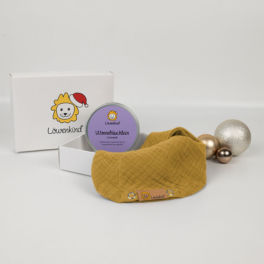Weihnachts-Geschenkbox mit gelbem Halstuch und Kräuterpad-Dose Sorte "Wonnebäuchlein"