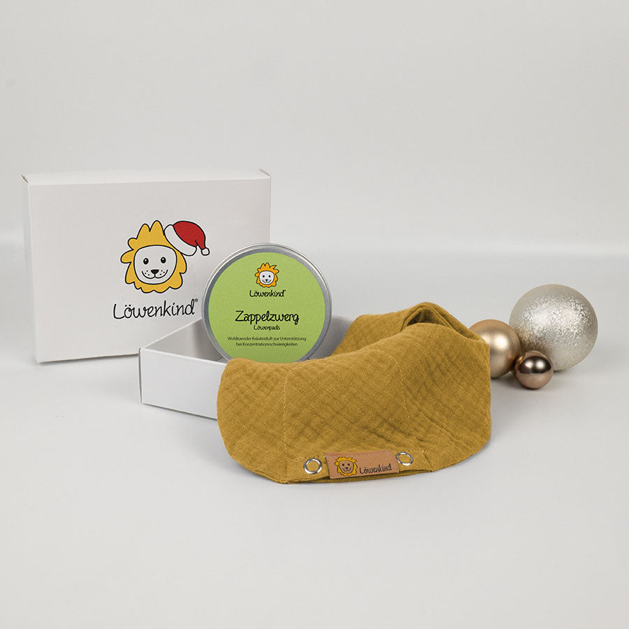 Weihnachts-Geschenkbox mit gelbem Halstuch und Kräuterpad-Dose Sorte "Zappelzwerg"