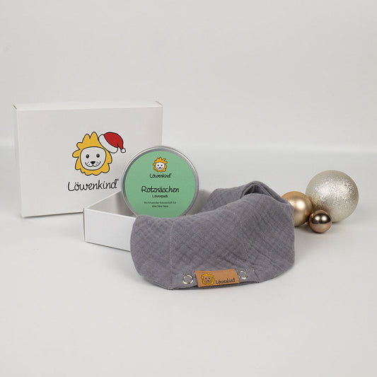 Weihnachts-Geschenkbox mit grauem Halstuch und Kräuterpad-Dose Sorte "Rotznäschen"