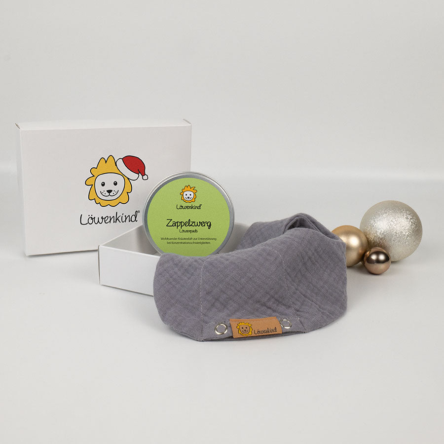 Weihnachts-Geschenkbox mit grauem Halstuch und Kräuterpad-Dose Sorte "Zappelzwerg"