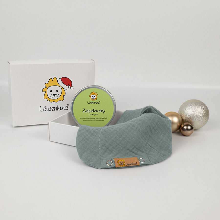 Weihnachts-Geschenkbox mit grünem Halstuch und Kräuterpad-Dose Sorte "Zappelzwerg"