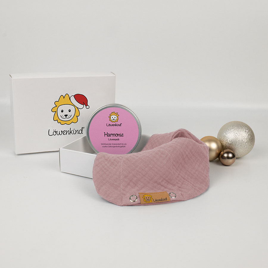 Weihnachts-Geschenkbox mit rosa Halstuch und Kräuterpad-Dose Sorte "Harmonie"