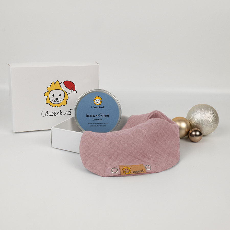 Weihnachts-Geschenkbox mit rosa Halstuch und Kräuterpad-Dose Sorte "Immun-Stark"