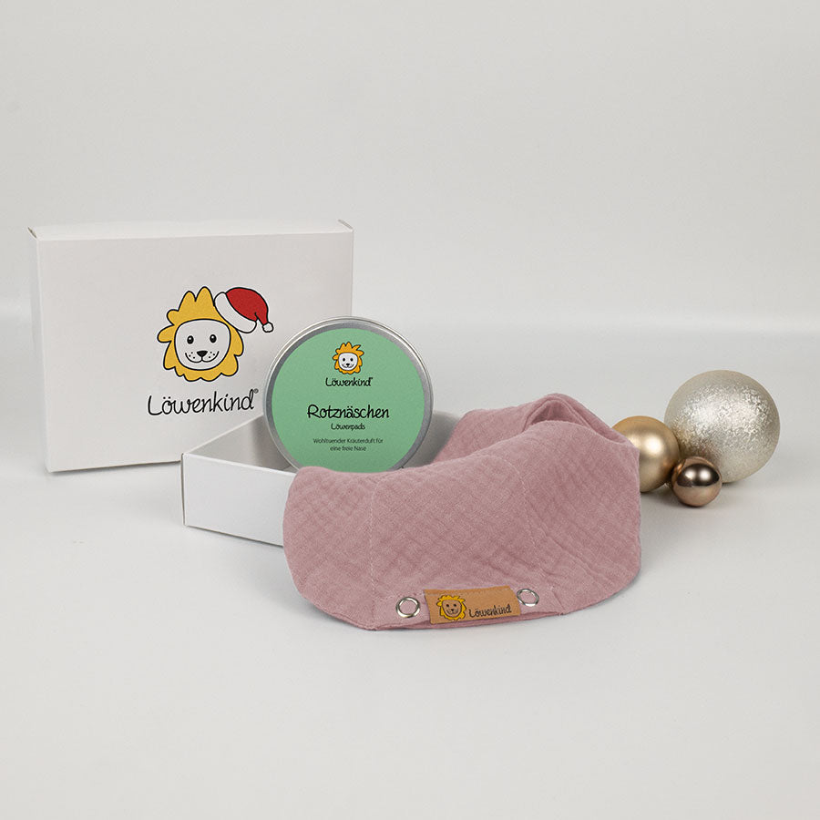 Weihnachts-Geschenkbox mit rosa Halstuch und Kräuterpad-Dose Sorte "Rotznäschen"