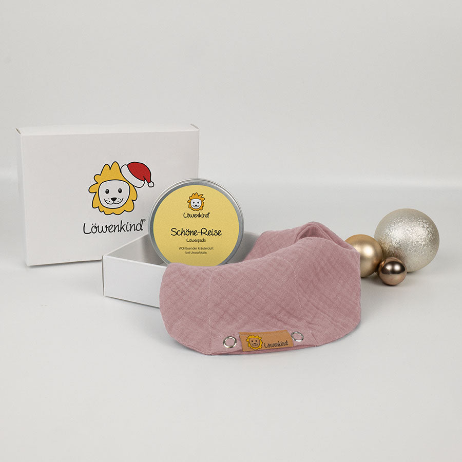 Weihnachts-Geschenkbox mit rosa Halstuch und Kräuterpad-Dose Sorte "Schöne-Reise"