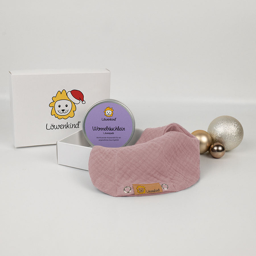 Weihnachts-Geschenkbox mit rosa Halstuch und Kräuterpad-Dose Sorte "Wonnebäuchlein"