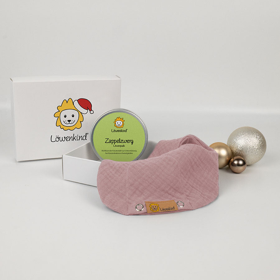 Weihnachts-Geschenkbox mit rosa Halstuch und Kräuterpad-Dose Sorte "Zappelzwerg"