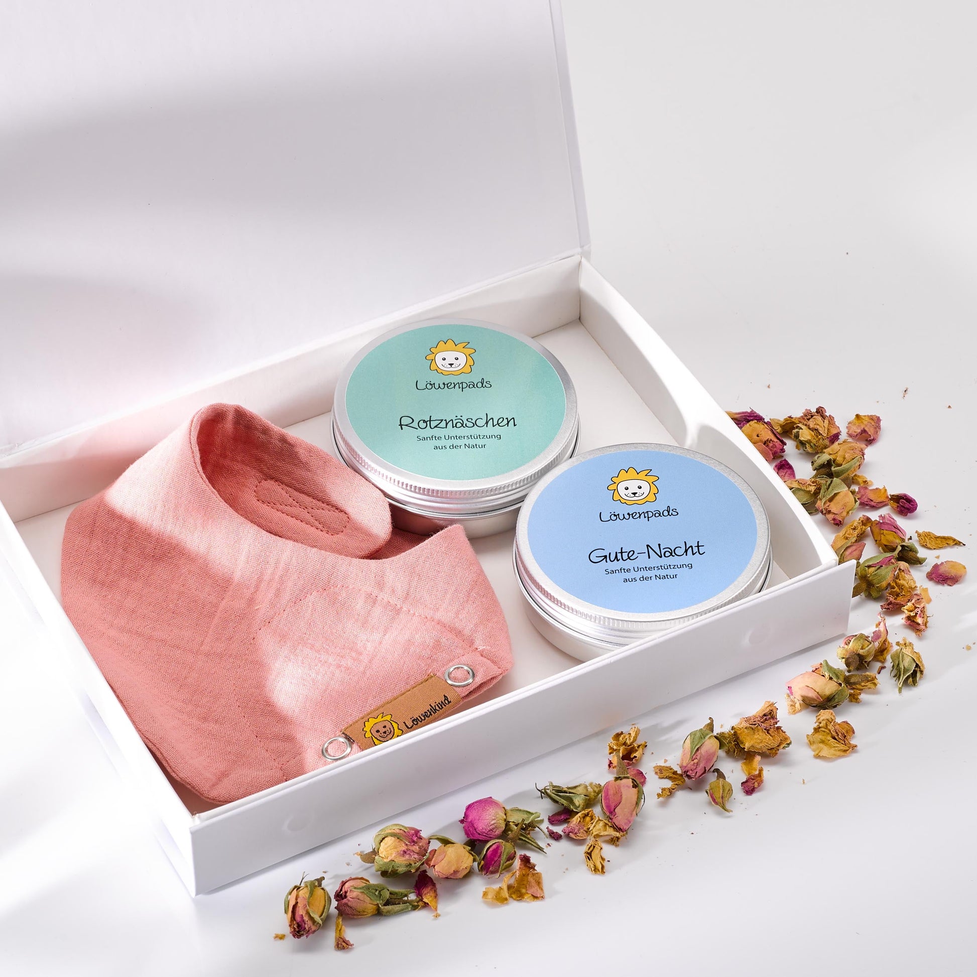 Geschenkset mit Geschenkbox, Halstuch "Newborn" Altrosa und zwei Kräuterpad-Dosen