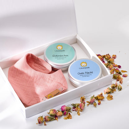 Geschenkset mit Geschenkbox, Halstuch "Newborn" Altrosa und zwei Kräuterpad-Dosen