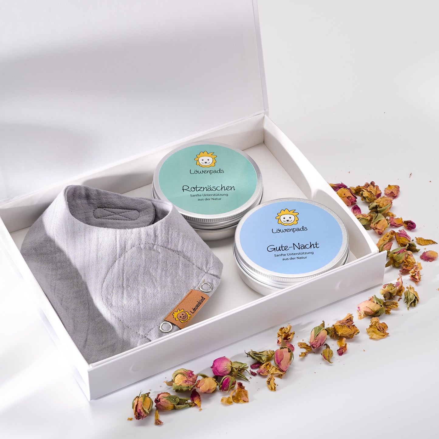 Geschenkset mit Geschenkbox, Halstuch "Newborn" Grau und zwei Kräuterpad-Dosen