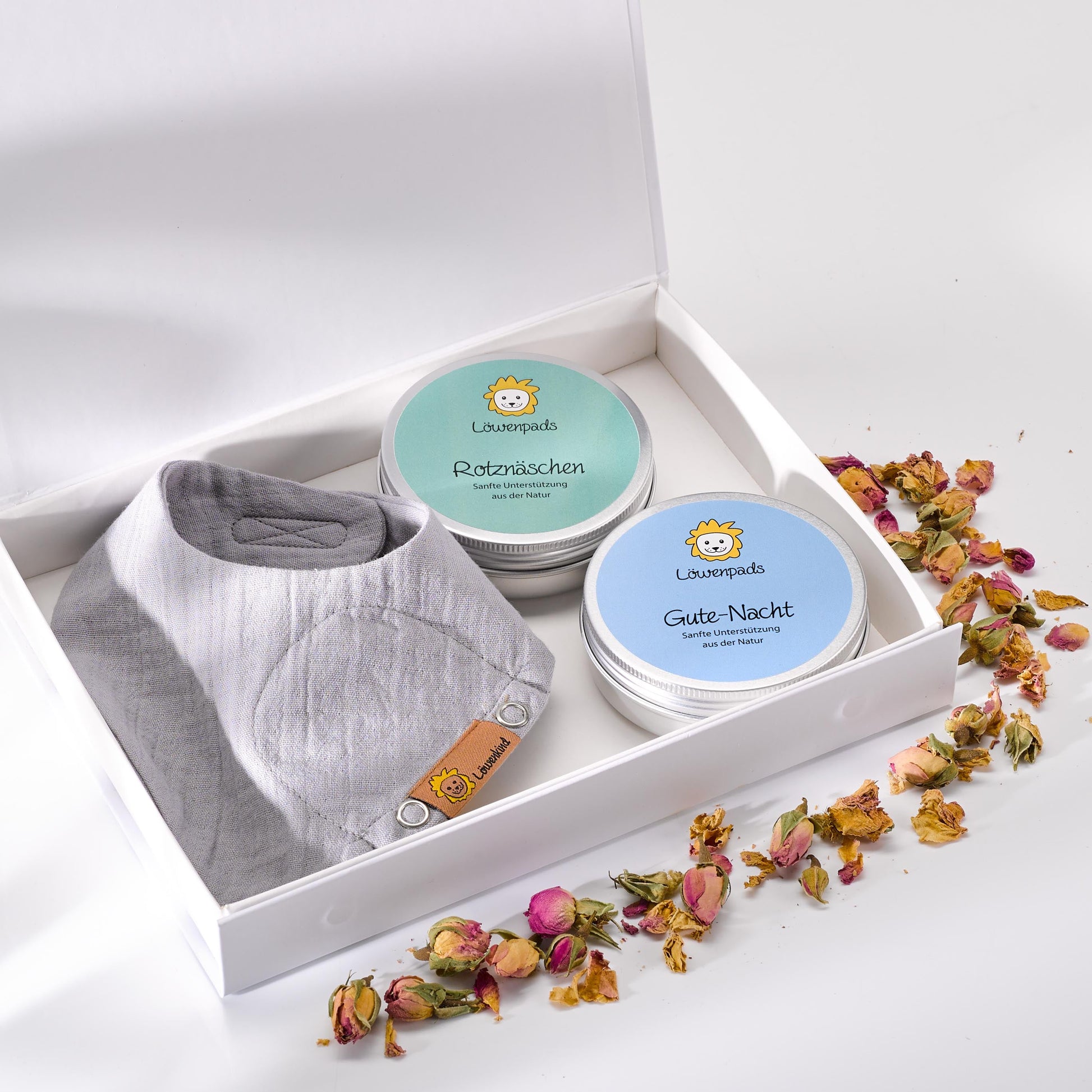Geschenkset mit Geschenkbox, Halstuch "Newborn" Grau und zwei Kräuterpad-Dosen