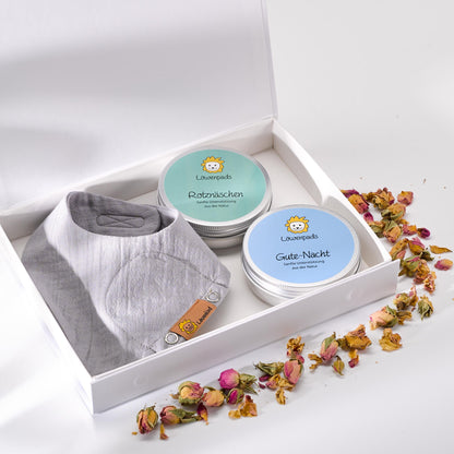 Geschenkset mit Geschenkbox, Halstuch "Newborn" Grau und zwei Kräuterpad-Dosen